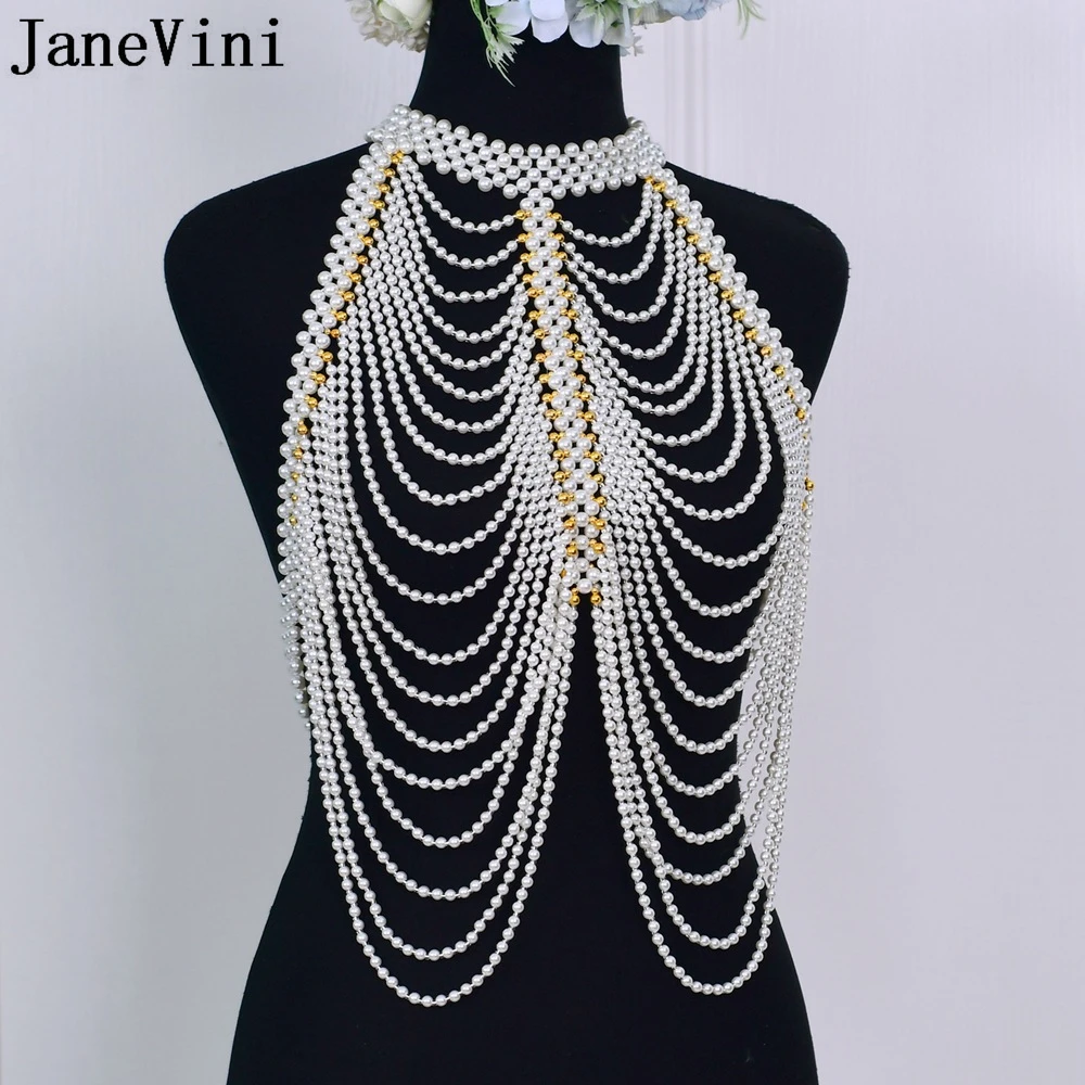 JaneVini High-end Sexy Multilayer Pearls Necklaces Bridal Collar Shoulder Chain Pendants Women Body Jewelry Wedding Accessories