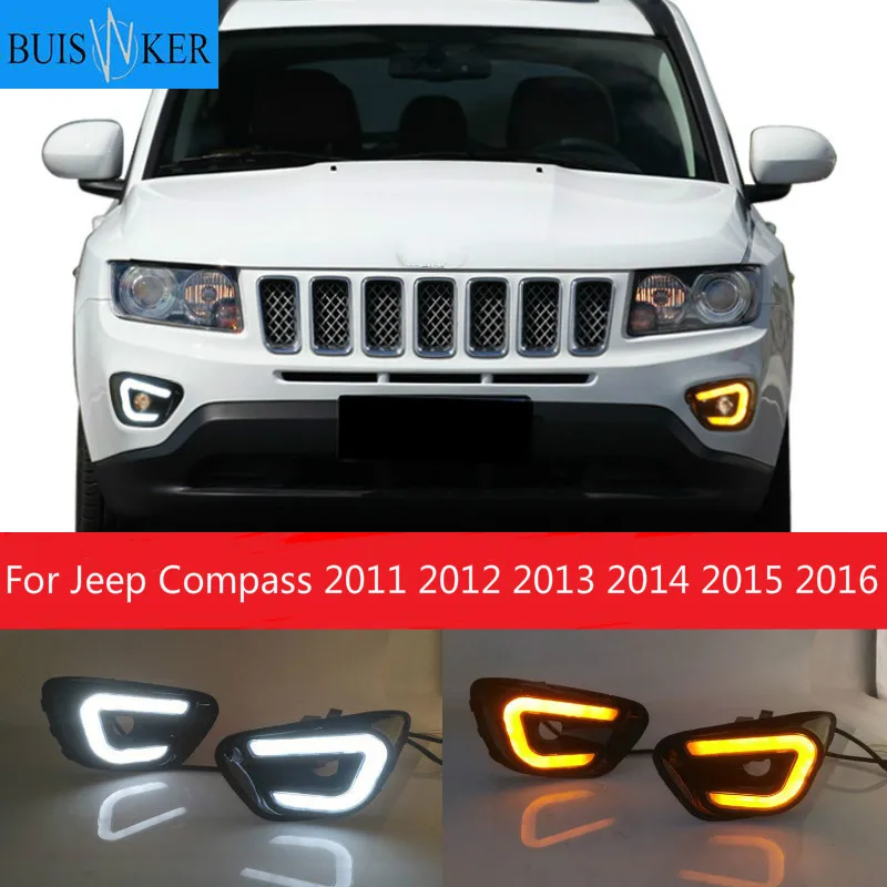 

2pcs Car LED Daytime DRL Running Light White+Yellow Side Turning Light Fog Lamp for Jeep Compass 2011 2012 2013 2014 2015 2016