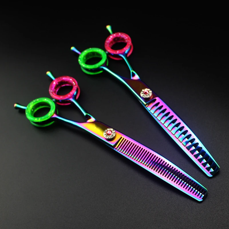 professional Japan 440c 7 '' Color pet dog grooming Curved hair scissors dog barber haircut thinning shears Hairdresser scissors