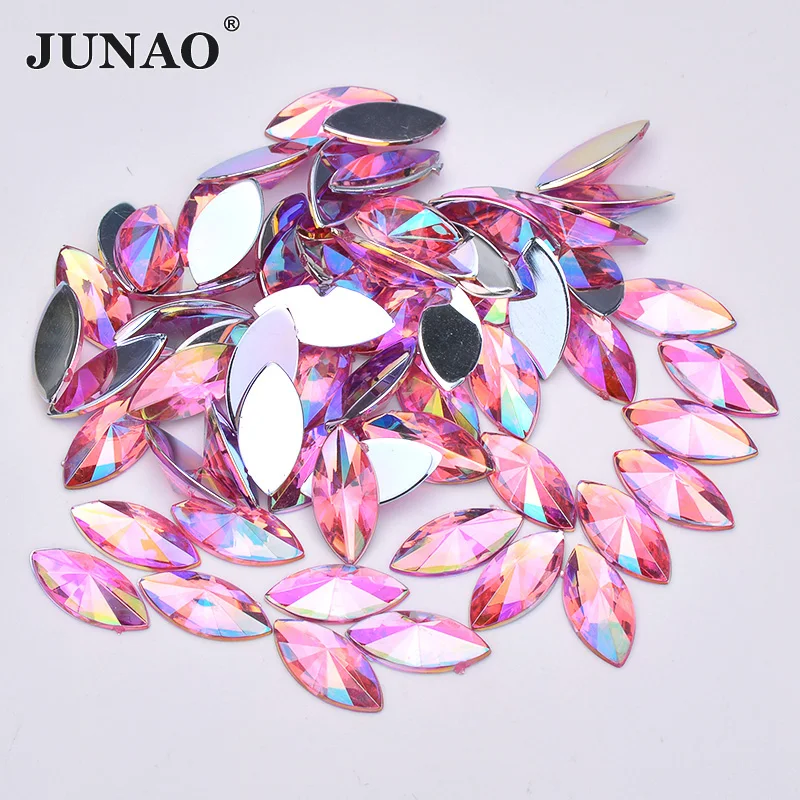 JUNAO 7x15mm Pink AB Flatback Crystal Rhinestones Horse Eye Acrylic Strass Applique Non Hot Fix Crystal Stones For Decoration