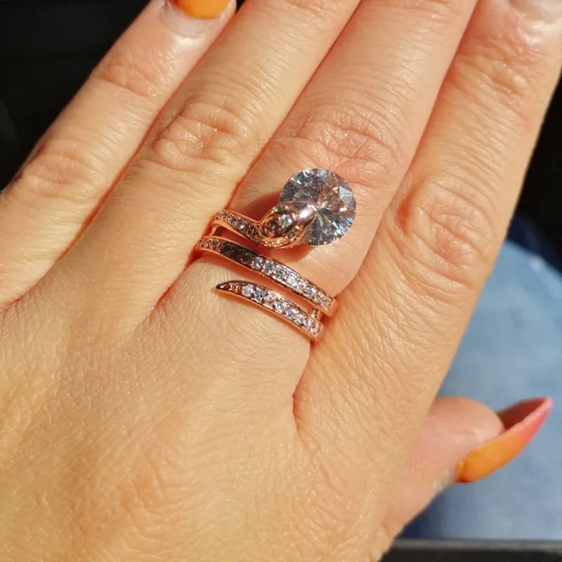 Snake Rings for Women Rose Gold Color Orange Crystals Cocktail Ring for Female Party Evening Accessories Fashion Jewelry R149