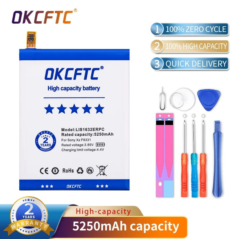 OKCFTC Original Replacement Battery For SONY Xperia XZ F8331 F8332 DUAL LIS1632ERPC Genuine Phone Battery 5250mAh