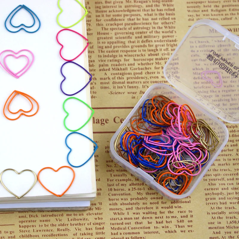 50Pcs/Box Heart Bookmark Metal Paper Clip Decor Colorful Book Note Decoration Binder Clip Stationery