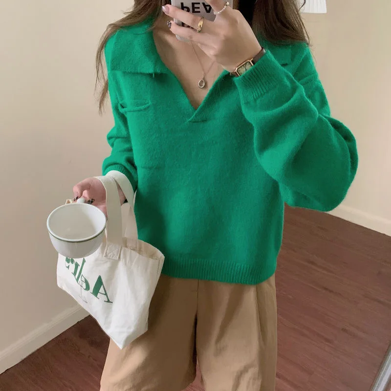 New Women Turn Down Collar Green Cropped Pullover Fall Loose Style Oversize Kniting Sweater Korean Fashion Cltohing