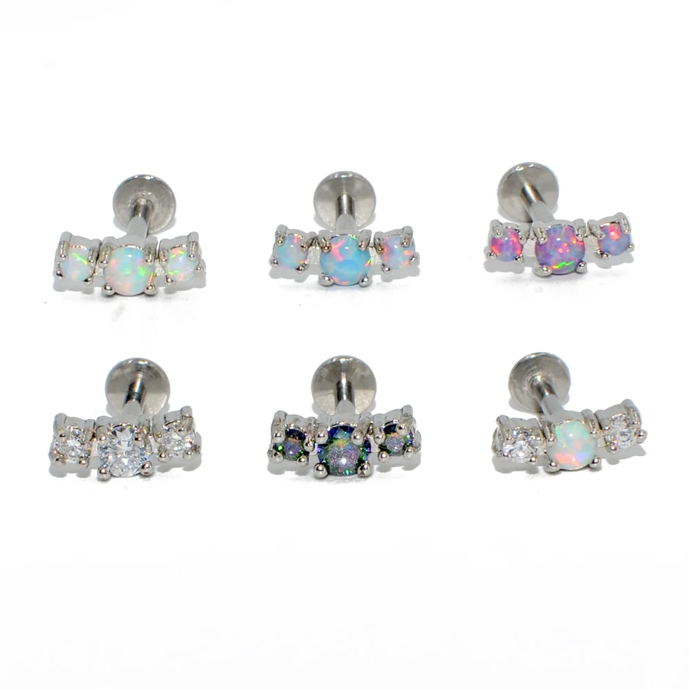 1PC Titanium&Surgical Steel Trio Opal Zircon Labret Monore Lip Stud Ring Ear Tragus Cartilage Earrings Body Piercing Jewelry 16g