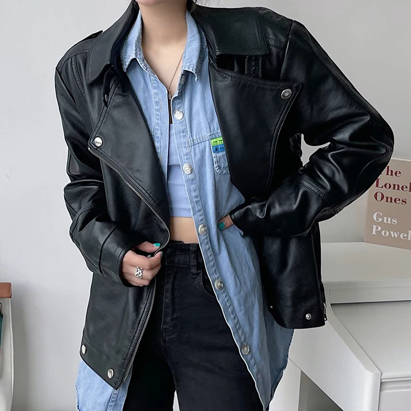 Spring Autumn 2024 Black Soft Faux Leather Jacket Loose Casual Lapel Long-sleeve Motorcycle Biker Jacket Abrigo Mujer Streetwear