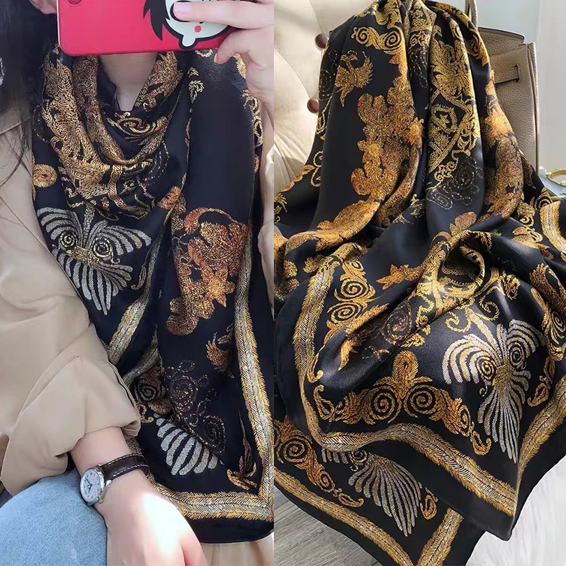 BYSIFA| New Black Gold Pure Silk Scarf Shawl Fashion Brand Luxury Scarves Hijabs Spring Fall Accessories Scarf Cape 110*110cm