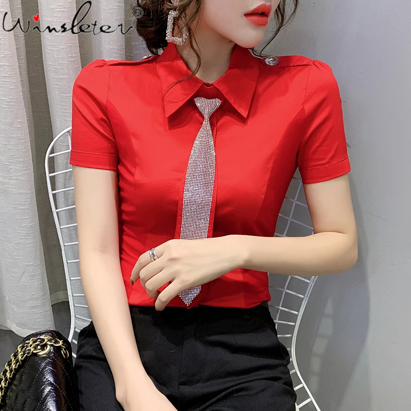 

Summer European Clothes Blouse Fashion OL Shoulder Board Sexy Shiny Diamonds With Tie Button Cardigan Tops Shirt 2022 T15006A