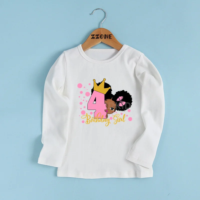 Cute Little Black Melanin Princess Number 1-9 Baby Girls Tshirt Kids Birthday Funny Clothes Children Long Sleeve T-shirt,LKP2471