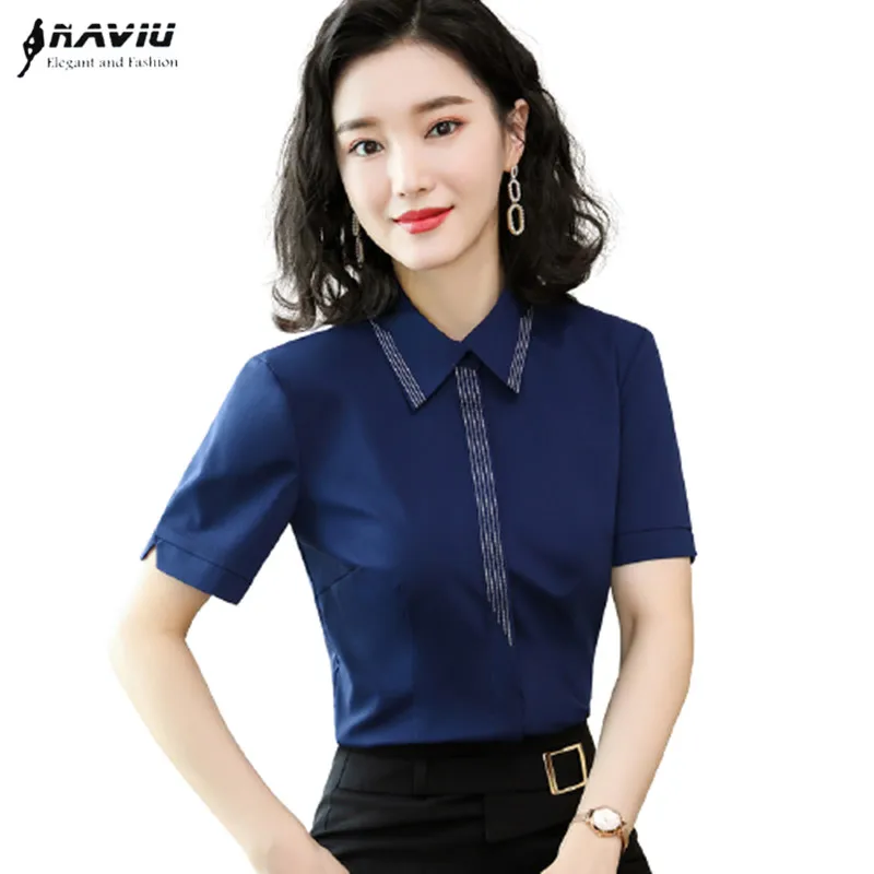 Navy Blue Short Sleeve Shirt Women New 2022 Summer Fashion Temperament Formal Chiffon Blouses Office Ladies Work Tops