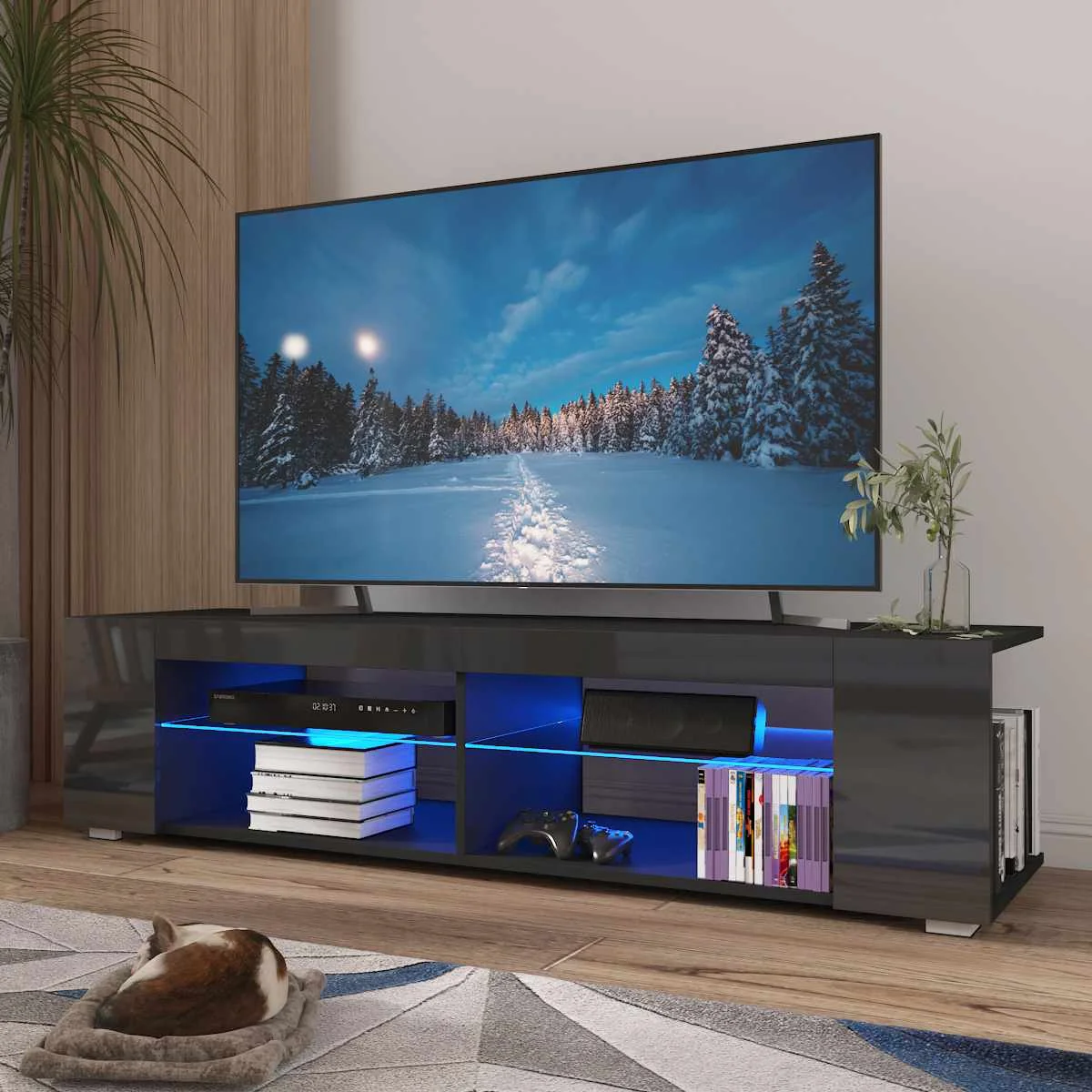 High Gloss Modern TV Stand With LED Light 4-Shelf Bookshelves Console Cabinet TV bracket Living Room Furniture 145X40X35cm