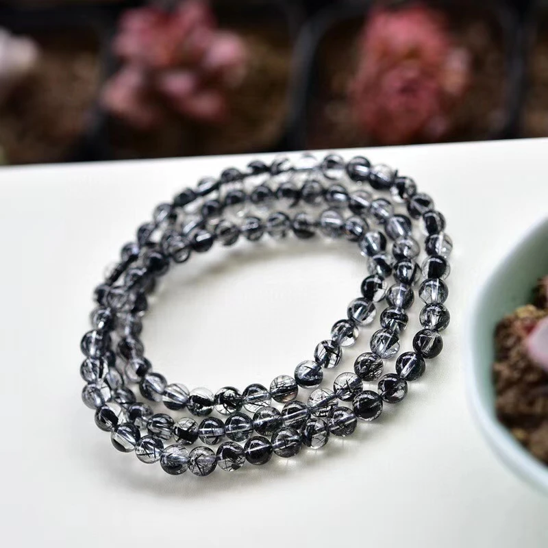 Natural Black Rutilated Quartz 3 Laps Round Beads Bracelet 6mm Black Rutilated Jewelry Men Women AAAAAA