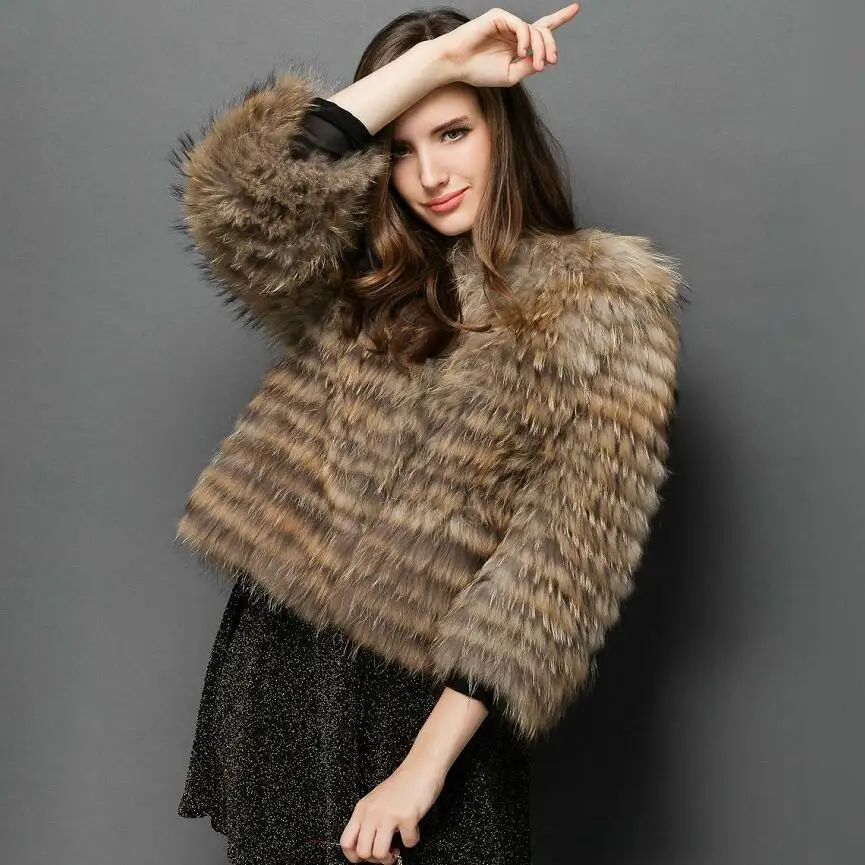 Women's Real Silver Fox Fur Short Jacket, 100% Natural Raccoon Fur, Woven Winter Warm Fashion, Casual European Street, New