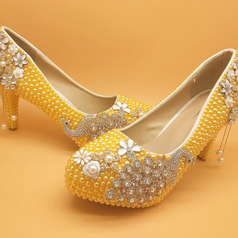 LoveinCrystal Peacock Yellow Pearl Bride scarpe da sposa tacchi alti da donna punta tonda tacco sottile abito da sera Set di scarpe e borse