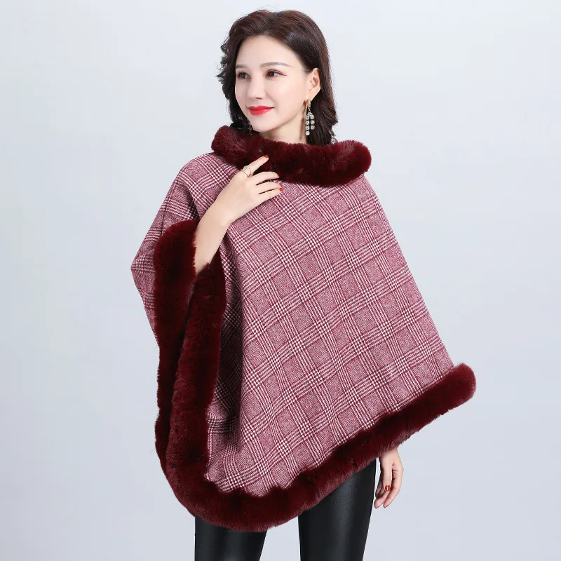 5 Colors Women Striped Plaid Loose Capes Winter Faux Fox Fur Neck Shawl Poncho Knitted Triangle Plus Size Pullover Overcoat