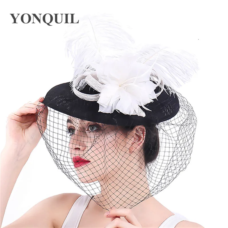 Women Fashion Wedding Hats And Fascinators For Bride feather Floral Veil Bowler Hat Women Banquet Black Party Millinery Cap