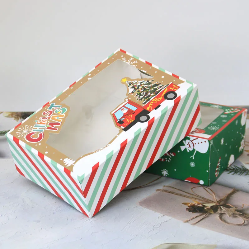 4PCS Christmas Party Paper Packaging Boxes Pvc Window Biscuit Box Cake Candy Chocolate Boxes
