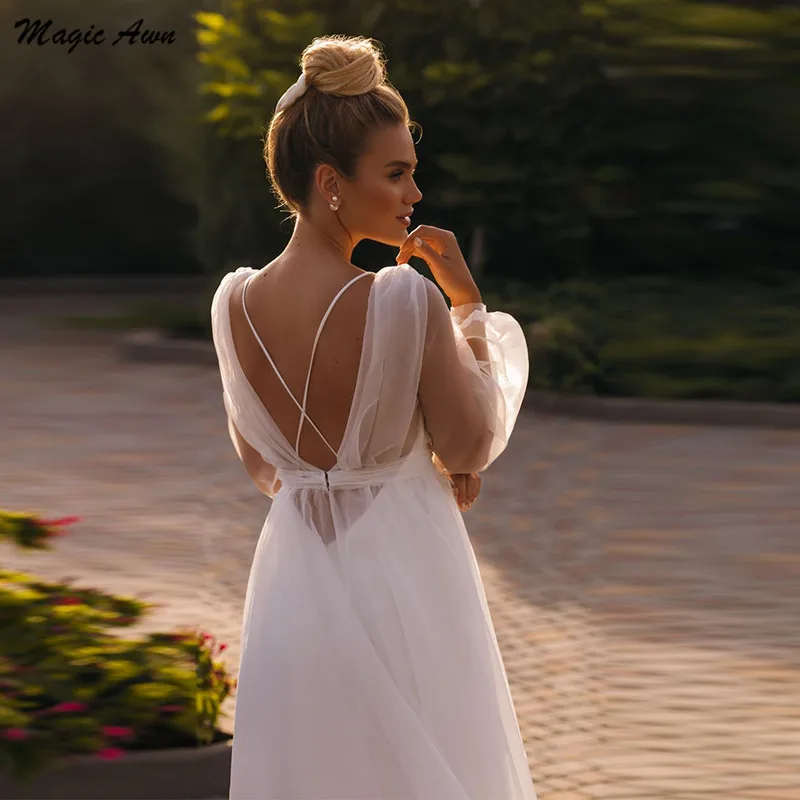 Magic Awn – Robe De mariée en Organza, style bohème, manches longues, Illusion De plage, ligne a, Simple, nouvelle collection 2021