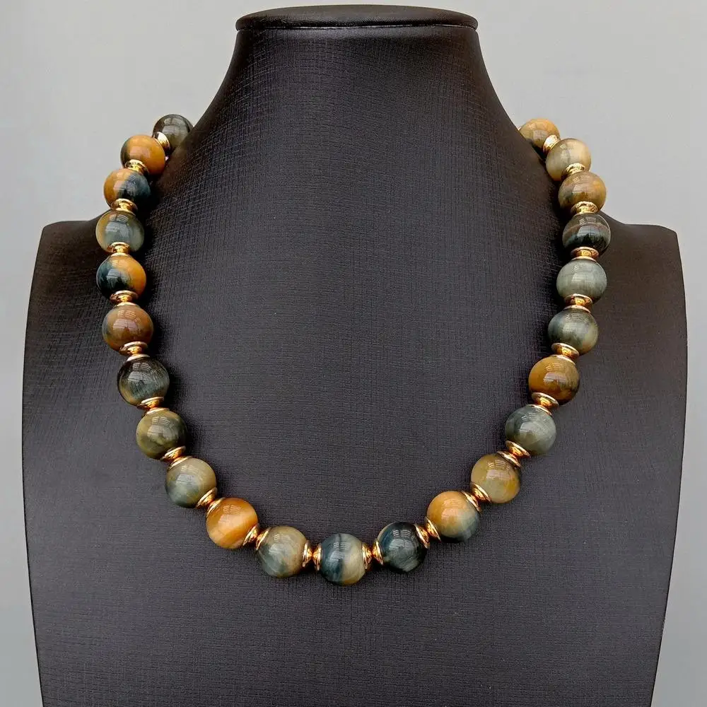 Y·YING Natural Stone 14mm Yellow Blue Tiger Smooth Round Bead Necklace 19