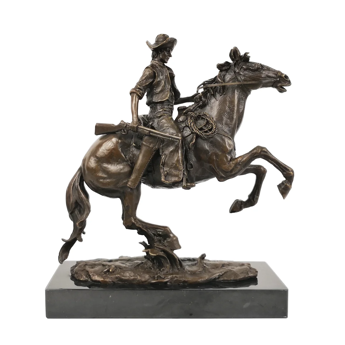 Western Cowboy with Gun Ridding Statue Vintage Man Sculpture Art Marble Base Gorgeous Office Table Decoration