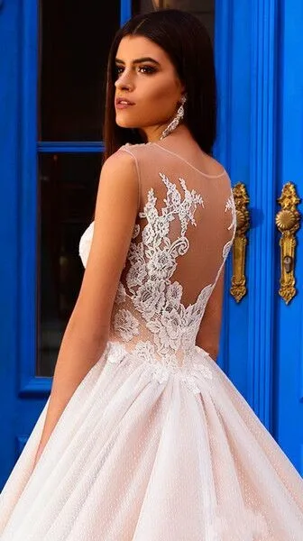 Vintage 2019 Erröten Champagne Sheer Neck Spitze hochzeit kleid Puffy Gericht Zug Brautkleider EINE Linie Nach Maß Hochzeit Kleider