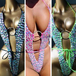 Green One Piece Bikini Set Women Diamante Carnival Bra rhinestone Sexy Night Club Panties Festival Bikini Set Burning Man Outfit