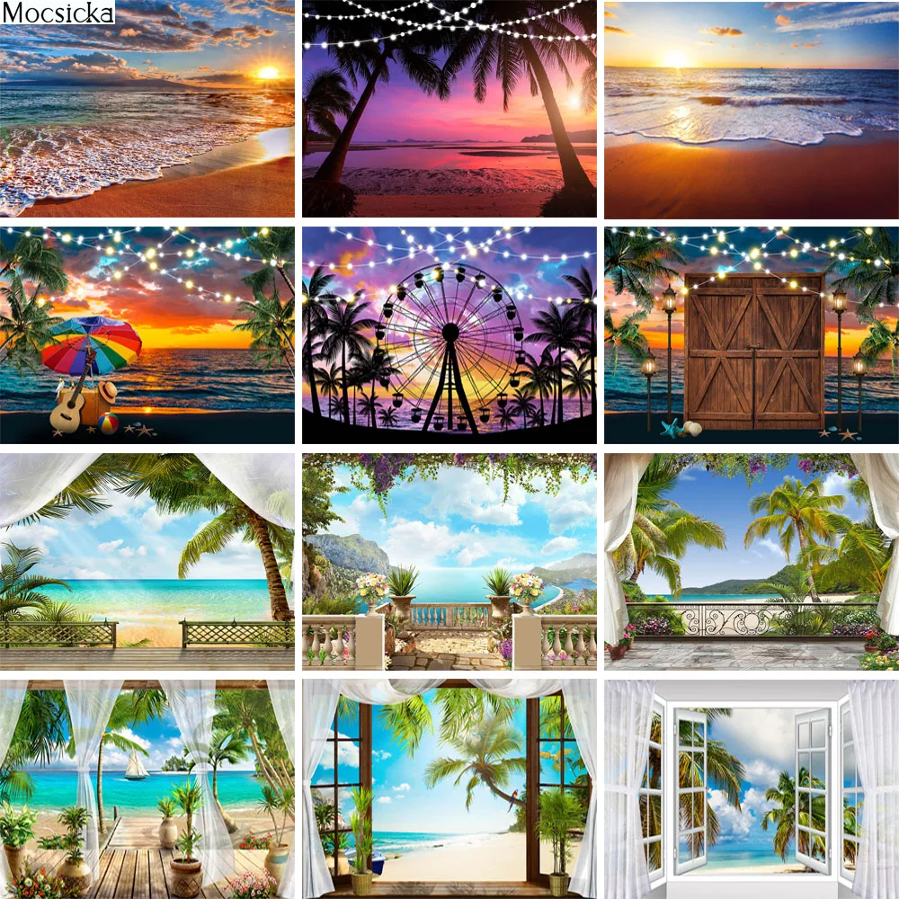 

Mocsicka Summer Backdrops Tropical Sea Beach Palm Tree Sky Sunset Photography Background Holiday Nature Scenery Photo Studio