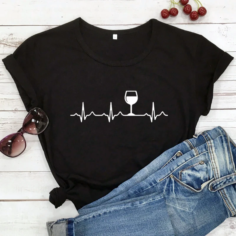 Wine Heartbeat 100% Cotton T-shirt High Quality Unisex Short Sleeve Drinking Tshirt Funny Women Hipster Graphic Top Tee Shirt