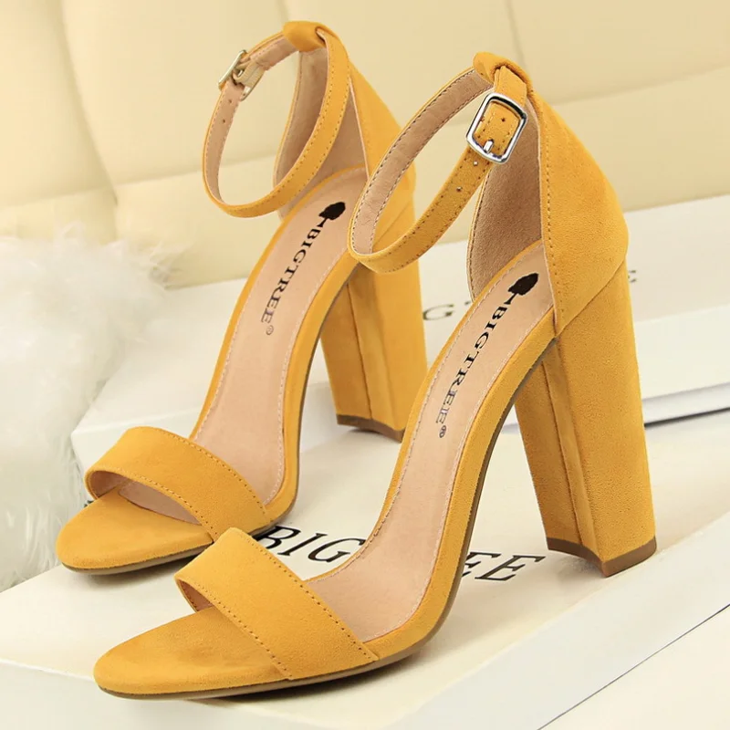 Summer Women Sandals Pumps Ankle Strap Square High Heels Sandalias Mujer Flock Open Toe Sexy Shoes Woman Plus Size 34-43 WSH4121