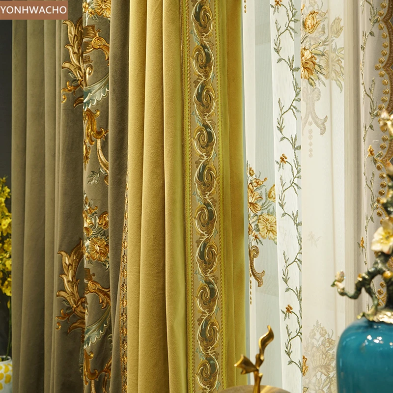 Custom curtain luxury Villa duplex green velvet embroidered living room thick  cloth blackout curtain valance tulle C406