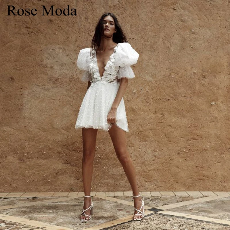 Rose Moda bufiaste rękawy tłoczenie V Neck krótki Boho weselny strój z perłami 3D kwiatowy sukienka recepcji