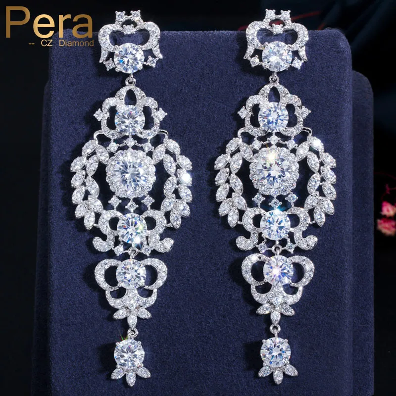 Pera Sparkling Cubic Zirconia Bridal White Gold Color Long Large Chandelier Drop Dangle Earrings for Wedding Women Jewelry E495