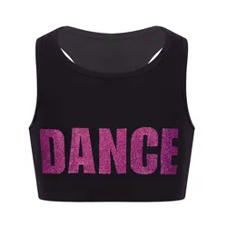 Kids Girls Sleeveless Racer Back Shiny Letters DANCE Printed Crop Top Sports Gymnastics Ballet Tops Stage Performance Costume