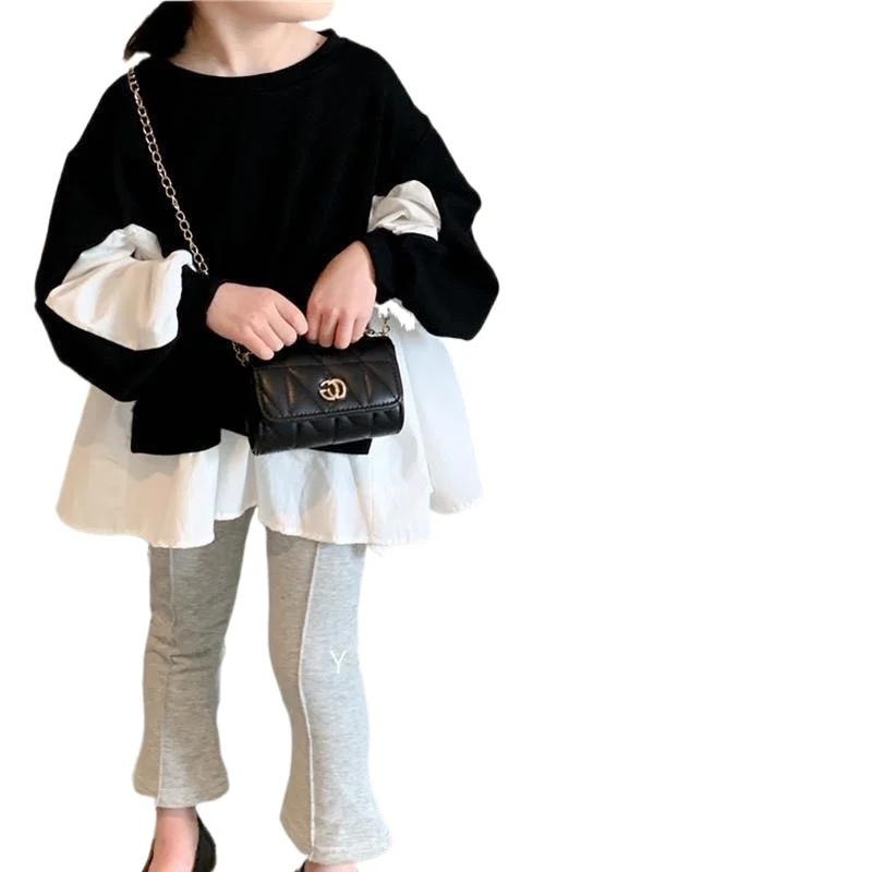 Girls Baby Shirt 2021 Spring New Cute Black and White Stitching Korean Children Design Top