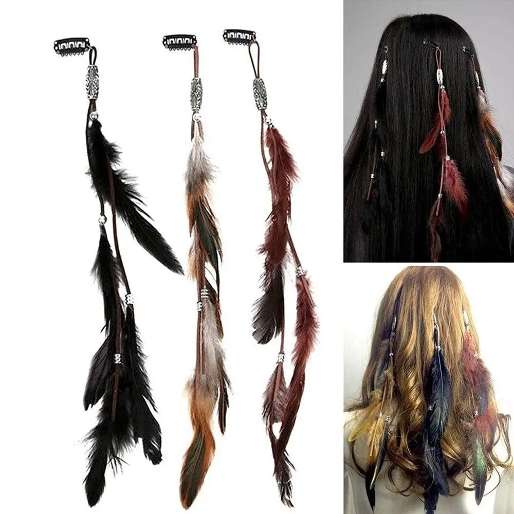 Diadema de plumas bohemias para mujer y niña, cintas tribales para el cabello, accesorios para el cabello, Clip para el cabello, cuerda para el