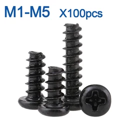 100pcs/lot Cross Recessed Pan Head Self-tapping Screw M1 M1.2 M1.4 M1.7 M2 M2.3 M2.6 M3 M3.5 M4 M5 Black Carbon Steel Phillips