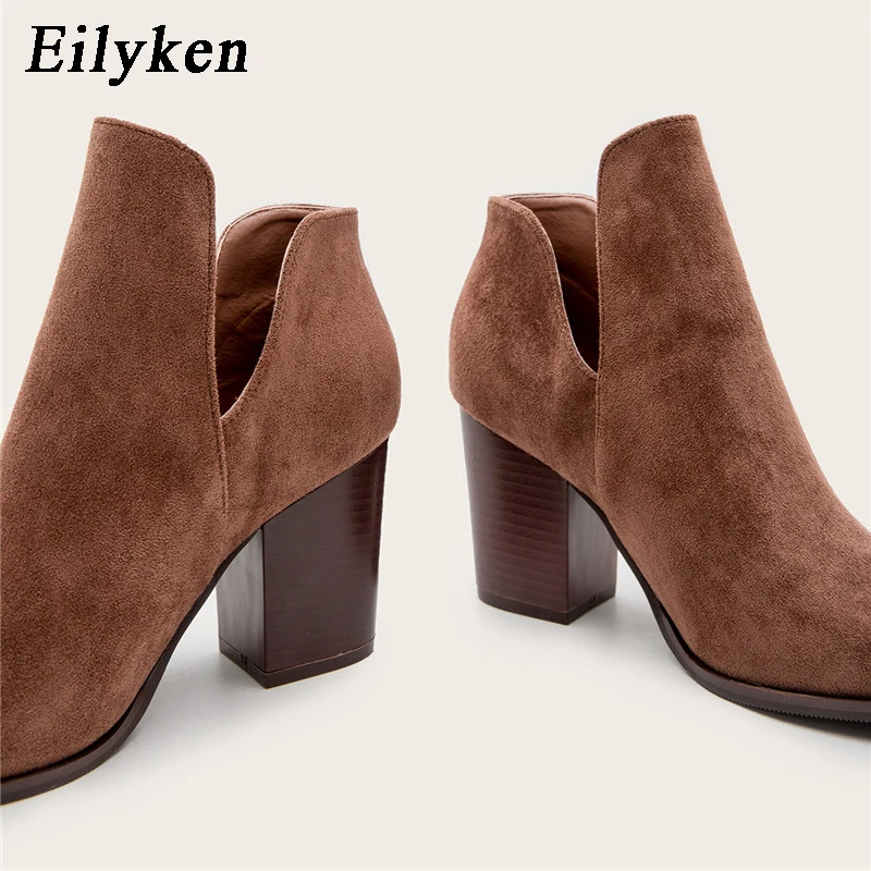 Eilyken 2024 stivaletti in finta pelle scamosciata donna tacco alto laterale impilato tacco largo Slip On scarpe da Cowboy occidentali corte