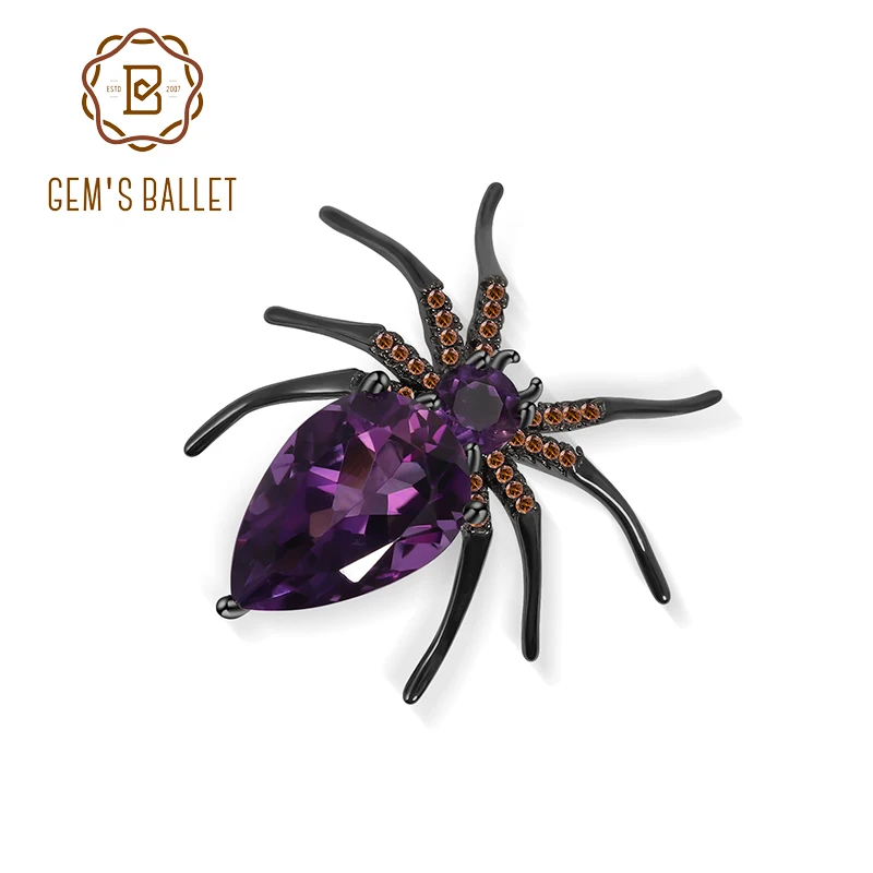 GEM'S BALLET Unique Design Cute Animal Spider Brooch 925 Sterling Silver Natural Amethyst Gemstone Brooches For Women Jewelry