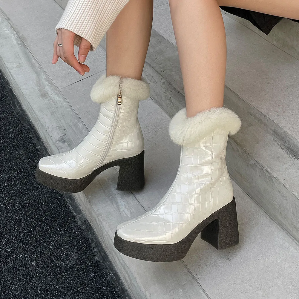 

Brand New Design Genuine Leather women's Ankle Boots Platform Chunky High Heels Short Boots Women Autumn Winter Plush Shoes