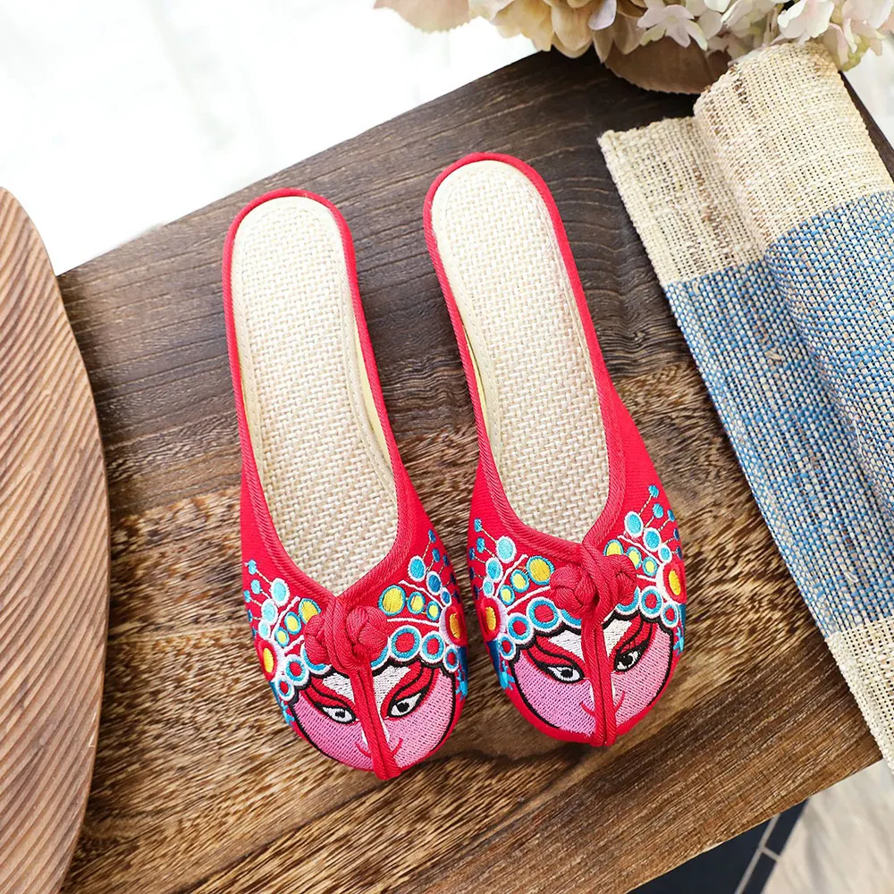 Veowalk Handmade Cotton Fabric Slipper Women Beijing Opera Embroidery Slippers Vintage Summer Flat Heel Shoes Zapatos Mujer