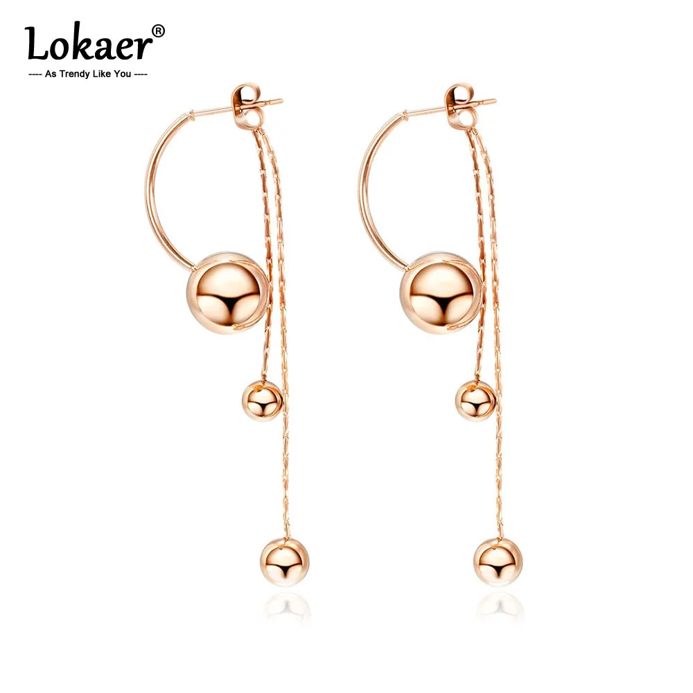 Lokaer Stainless Steel Smooth Long Bead Tassel Earrings Jewelry Rose Gold Color Chain & Link Dangle Earrings For Women E17098