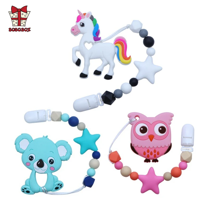 BOBO.BOX Baby Teethers Animal Pacifier Clips Chain Baby Teething Toys Cartoon Koala Owl Horse Cookie Raccoon Silicone Beads Chew