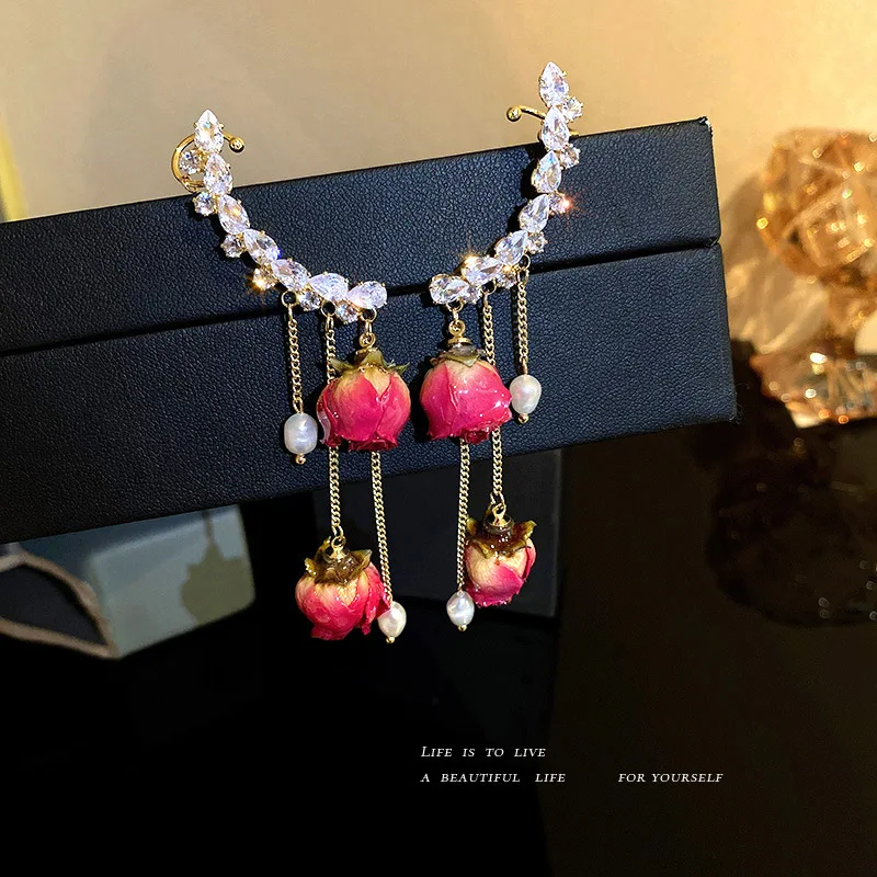 925 silver needle Pearl Rose Earrings Earrings Earbone clip integrated Earrings zircon Rhinestone Tassel Earrings female