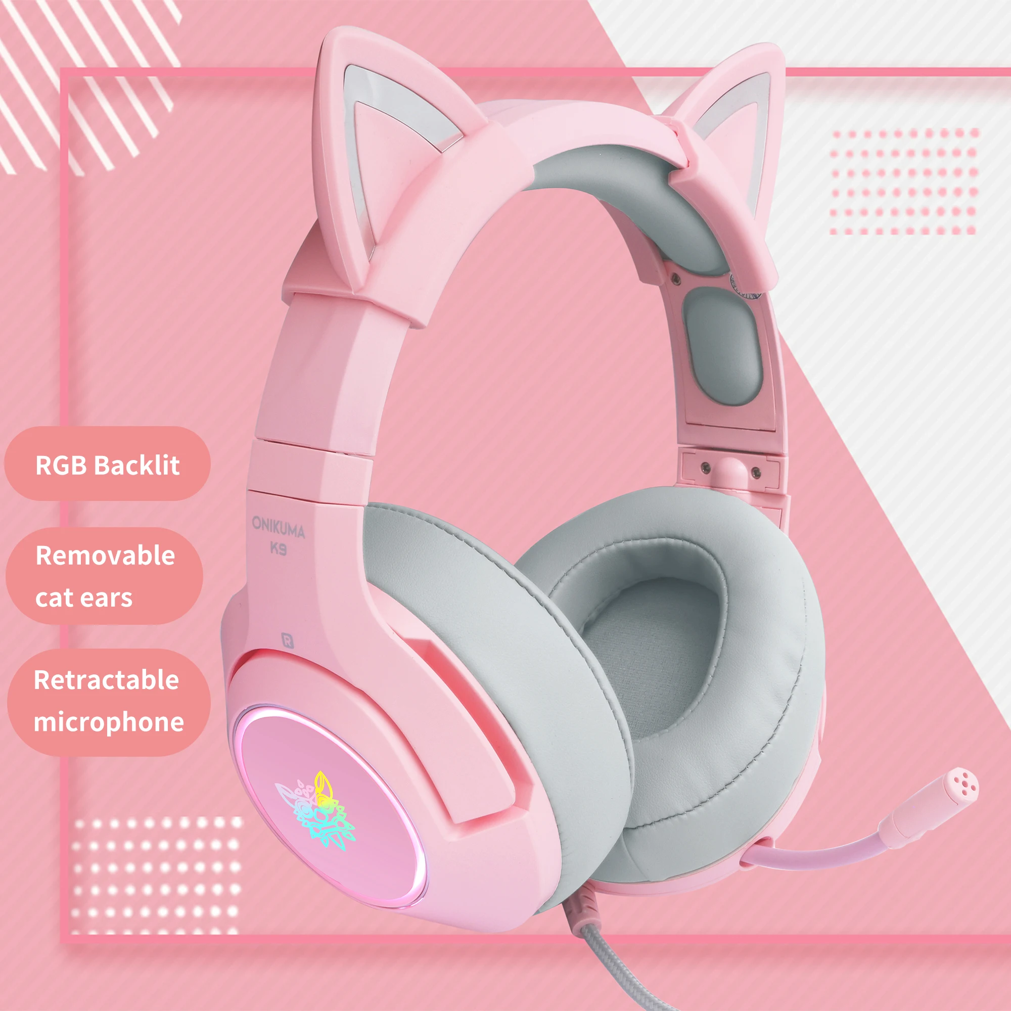 K9 Pink Cute Cat Ear Headphone with Mic， Gaming Headset and Noise Cancelling with Led Light