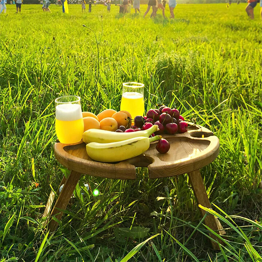 Wooden Outdoor Folding Picnic Table, Garden Furniture Table with Glass Holder,Foldable Desk, Wine Glass Racks, Collapsible Table