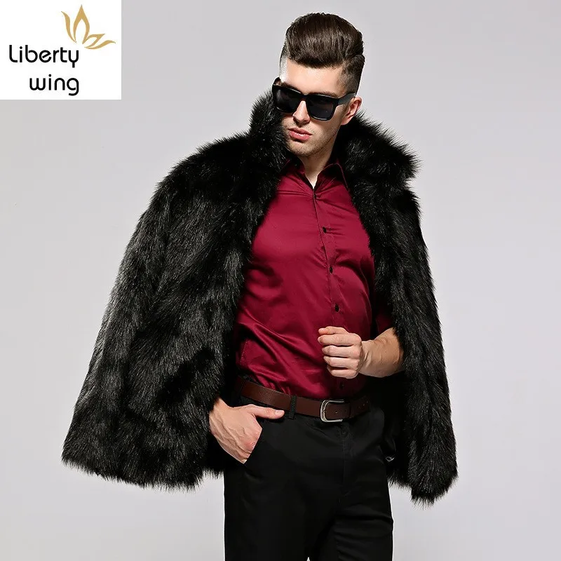 

Winter Thick Warm Faux Fox Fur Coat For Men White Black Classic Male Overcoat Lapel Collar Outwear Coats Casual Hombre Jacket