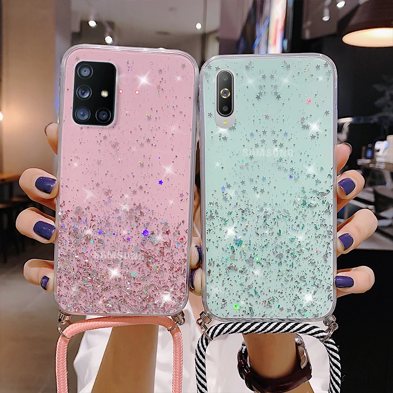 Neck Strap Rope Cord Glitter Case For Samsung Galaxy A51 S23 S20 FE S21 S24 Ultra S23 Plus S22 A14 A52 A53 A54 5G Lanyard Cover