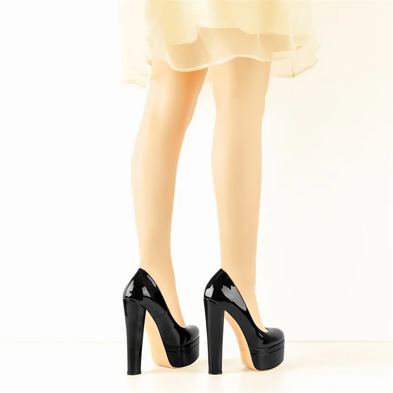 Onlymaker Women Platform Pumps Round Toe Slip On Block Chunky Heels Party Patent Black Large Size Shoes