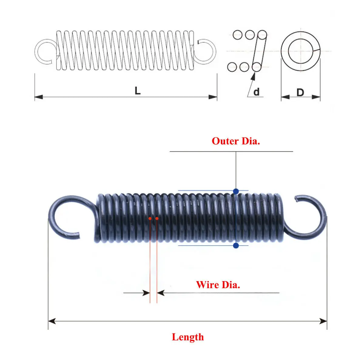 Extension Spring 2mm Tension Spring With Hook Wire Dia 2mm*OD 14/15/16mm*Length 50-100mm