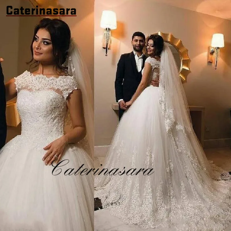 Saudi Arabic Ball Gown Wedding Dresses Cap Sleeve Sweep Train Appliques Beads Garden Bridal Gowns vestido de novia Plus Size